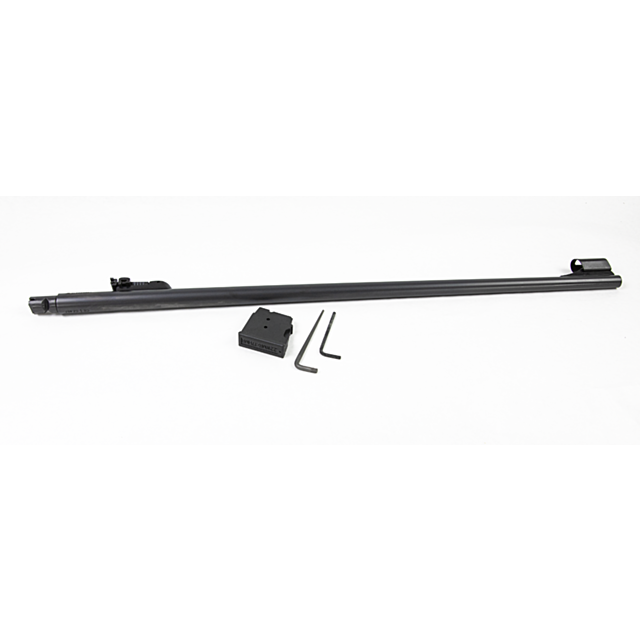 CZ 457 LUX BARREL SET, 22WMR 24IN NITRIDE featuring a black barrel with rear and front sights, accompanied by a black metal block and two small hex keys, all showcased on a white background.