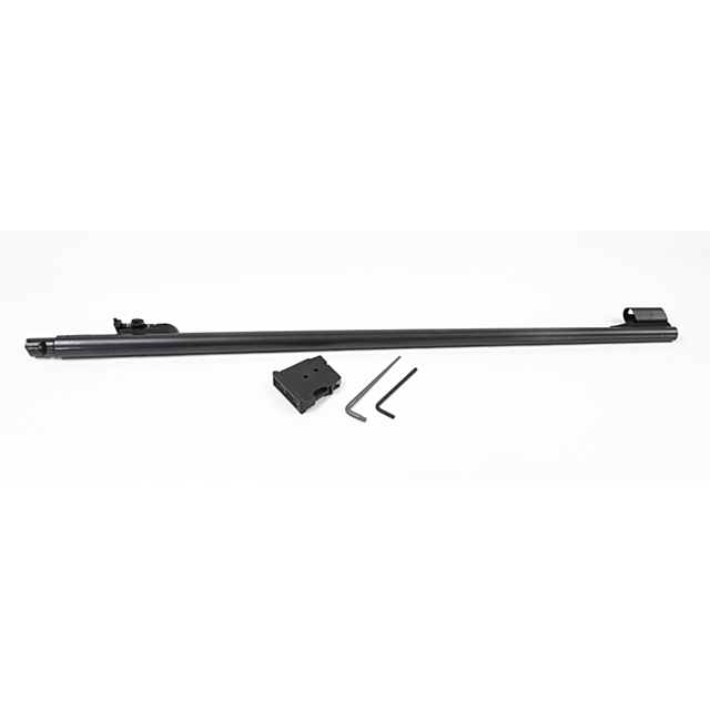 The CZ 457 LUX Barrel Set, featuring a 24-inch nitride-finished black rifle barrel, is presented on a white background along with two hex keys and a small black mounting block, designed to flawlessly integrate with the 17HMR configuration of the CZ 457.