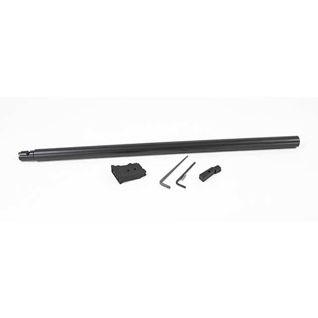 A CZ 457 Varmint Barrel Set, featuring a 22LR 20-inch nitride black cylindrical barrel, is positioned horizontally on a white background. Nearby are two small metal tools resembling Allen keys, along with a rectangular black component and another small bl