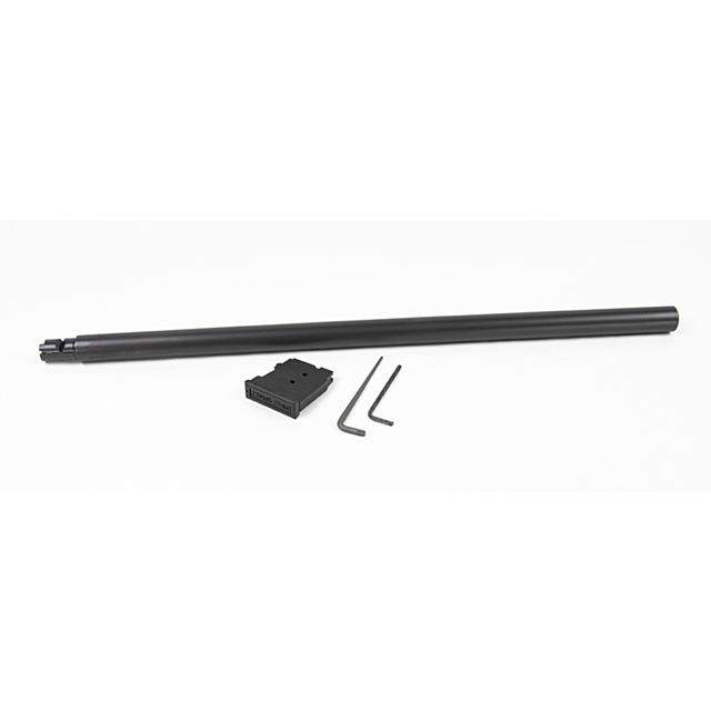 A CZ 457 Varmint Barrel Set, featuring a black cylindrical tube similar to a varmint barrel, along with two hex keys and a small rectangular black block, is displayed on a white background. Its sleek design and nitride finish suggest precise enhancement f
