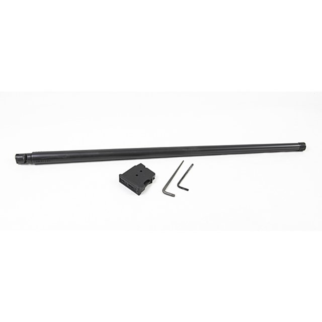 A CZ 457 American SR Barrel Set, 22WMR, 20-inch nitride is laid horizontally on a white surface. Below it lies a black metal block and two Allen wrenches, emphasizing the precision of this remarkable setup.