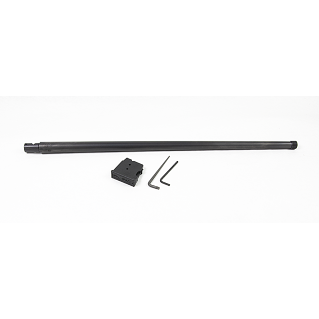 A sleek black metal tube, reminiscent of the design in the CZ 457 American SR Barrel Set, 17HMR with a 20-inch nitride finish, is laid horizontally on a white background. It's accompanied by a rectangular black object and two L-shaped hex keys.