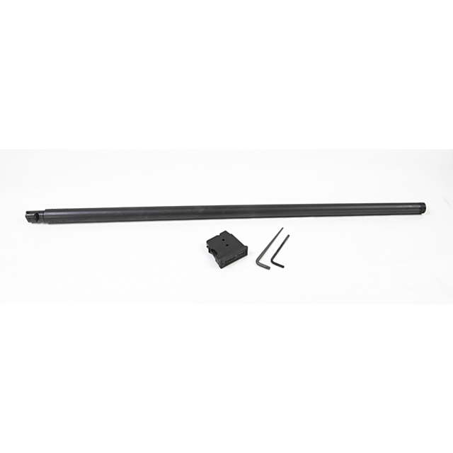 A long black cylindrical rod, identified as the CZ 457 Varmint SR Barrel Set in 17HMR with a 24-inch nitride finish, is laid horizontally on a white surface. Accompanying it are two small hex keys and a rectangular black metal component featuring openings