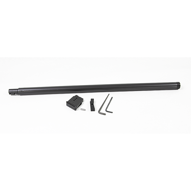 A black cylindrical tube, similar to the CZ 457 MTR SR Barrel Set, 22LR 20in Nitride, was placed horizontally alongside small mechanical components—including two hex keys, a rectangular block, and a small plate—on a white background.