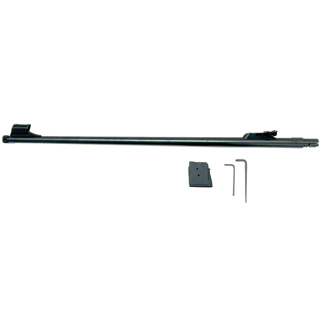 A CZ 457 Lux Barrel Set, .22lr, 5rd, 24.8 inch with 1/2X28 threads and attached sights is displayed above a mounting block and two hex keys on a light gray background.