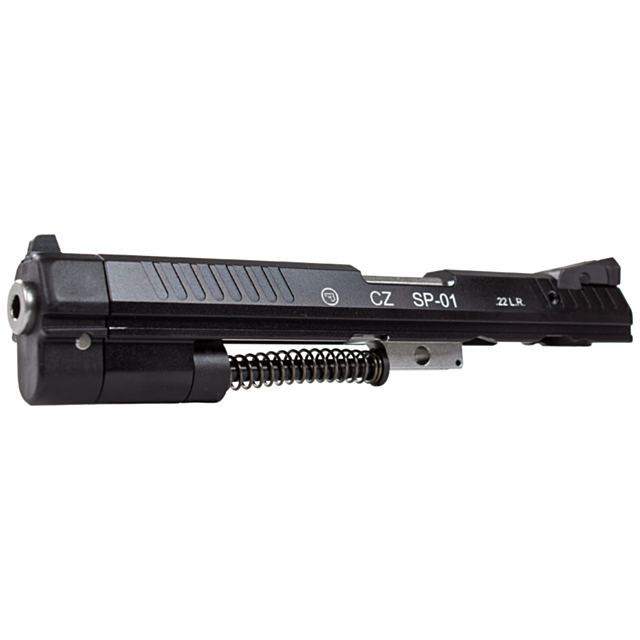 A close-up view of a black CZ SP-01 KADET ADAPTER, 22LR, 10RD gun slide with a spring mechanism visible underneath. The slide is marked with "CZ SP-01 .22 LR 10RD.
