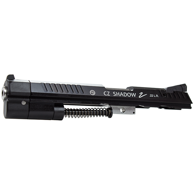 Close-up of the CZ SHADOW 2 KADET ADAPTER for a .22 LR firearm, showcasing the black slide with branding, recoil spring, and extractor, emphasizing the precision of the Kadet Adapter system.