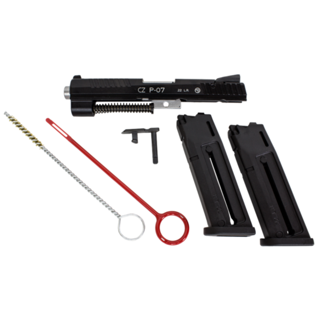 The image shows a CZ P-07 Kadet Adapter, 22LR, 10RD gun conversion kit, which includes a slide, two 10-round magazines, a cleaning rod, brush, and small tool. These components are neatly arranged on a white background.