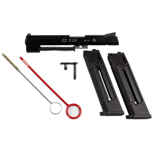 The image showcases the CZ P-09 KADET ADAPTER, 22LR, 10RD, which is accompanied by a gun cleaning kit. It includes the slide labeled "CZ P-09 .22 LR," two magazines, a red cleaning rod with a brush, and two small metal components for effortless maintenanc