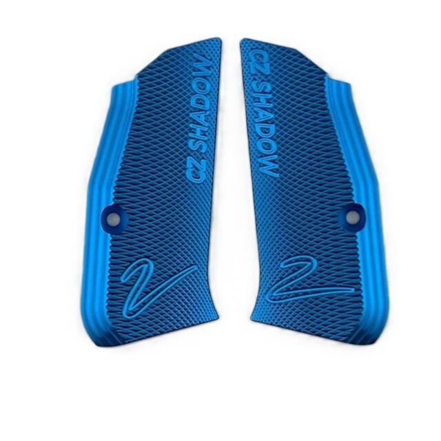Two GRIPS BLUE SHADOW 2 COMPACT are displayed side by side on a white background, each featuring "CZ SHADOW" and a stylized "Z" engraved on the textured surface.