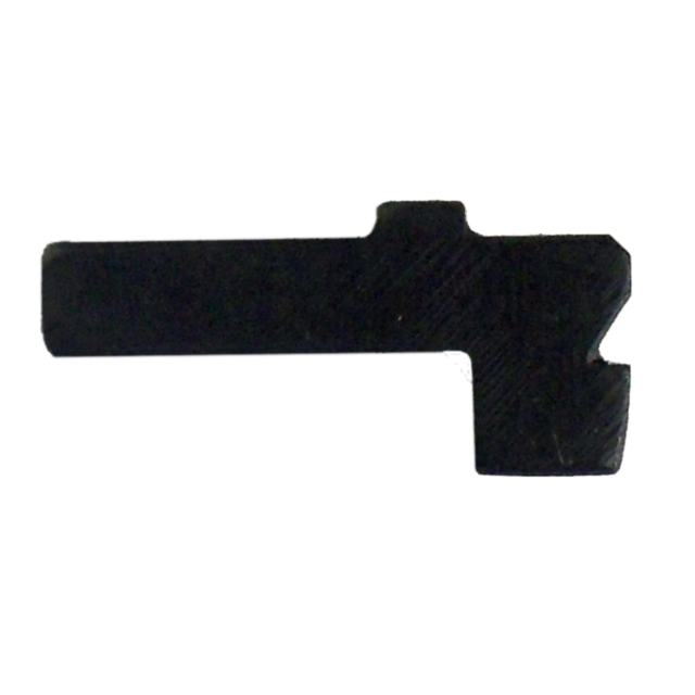 The SAFETY LATCH 83 features an L-shaped mechanical design, with a prominent long horizontal section and a shorter vertical part. Its dark, solid material stands out against a white background, enhancing the perception of security.