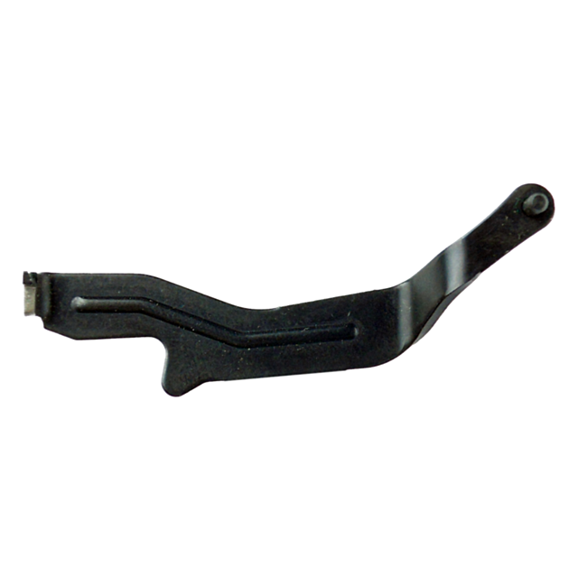 A TRIGGER BAR OMEGA, crafted from black metal with a curved design and an elongated tip, reminiscent of an automotive mechanical component, displayed against a white background.