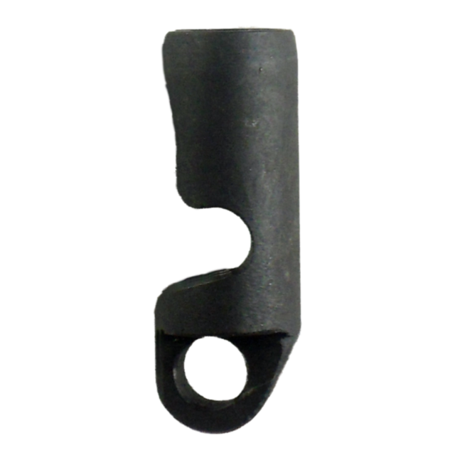 Displayed against a plain white background, the MAIN SPRING PLUG W/LANYARD PO1 is a black, cylindrical object with a curved, hollow design and a loop at one end resembling a lanyard attachment. Its sleek shape suggests functionality as either a main sprin