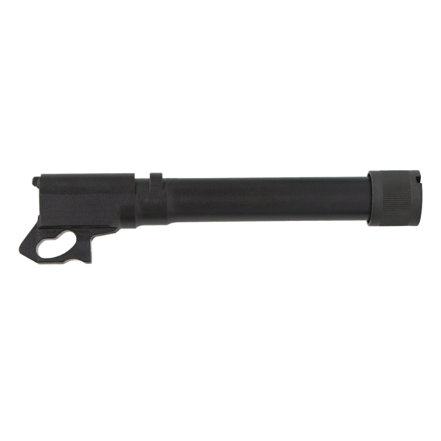 A THREADED BARREL COMPACT 9MM 1/2X28 is showcased from the side on a white background, highlighting its black, textured finish with a threaded end.