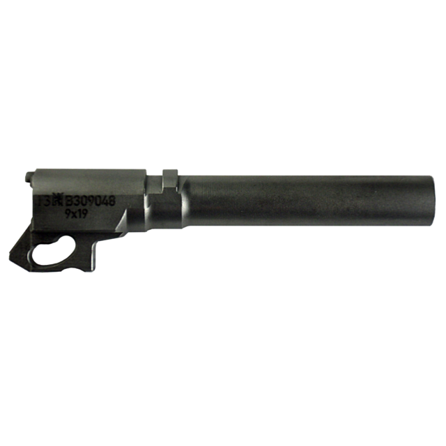 The EXTENDED BARREL COMPACT 9MM features a metallic gun barrel with distinct markings and a lug on the left side. This cylindrical design has a dark finish, complete with engravings that denote the model number and caliber. It combines sleek aesthetics wi