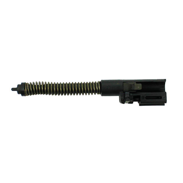 Close-up image of the FIRING PIN ASSEMBLY P-10, highlighting the coiled spring mechanism at the center. Black metal components are positioned on each side, showcasing a sturdy industrial design against a white background.