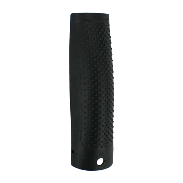 The BACKSTRAP P-10F MEDIUM is a black, textured bicycle handlebar grip with small raised dots for improved comfort and features two holes for easy attachment, ensuring a secure ride.