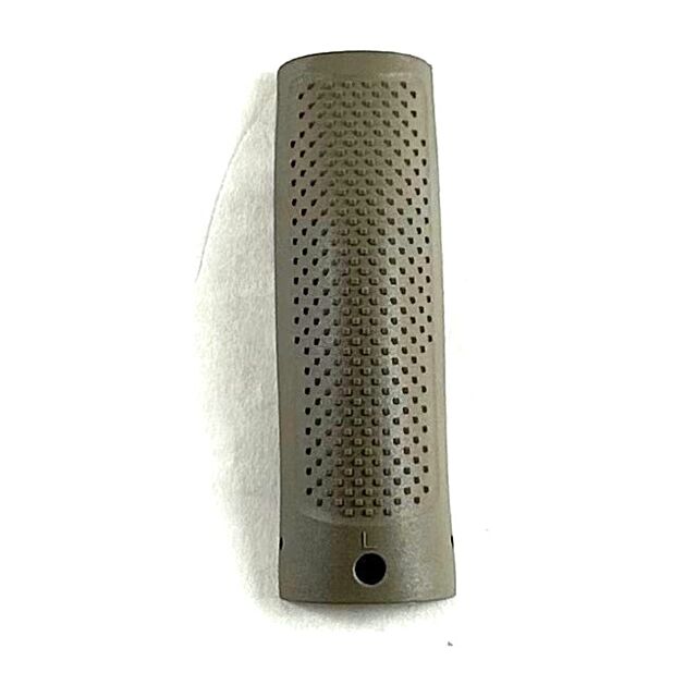 The CZ Backstrap P-10 F FDE Large, a perforated, rectangular metallic object with rounded edges, sits on a white fabric background.
