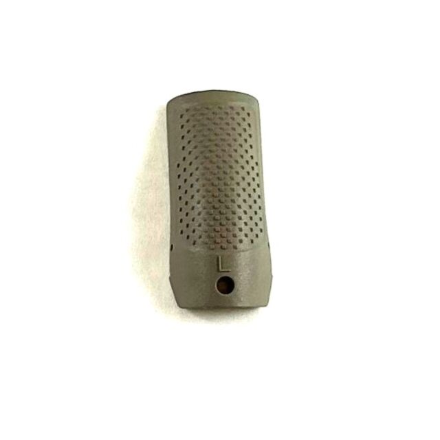 A Khaki-colored CZ BACKSTRAP P-10 S FDE LARGE with a pattern of small bumps, featuring the letter "L" near its tapered edge, displayed on a white background.