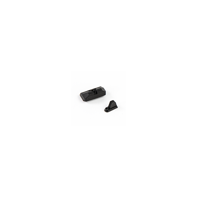 A pair of black CZUB Serrated Sight Set P-10 Optic Ready sights, compatible with RMR Co-Witness, features a larger rectangular rear sight with dual notches and a sleek triangular front sight, both set against a plain white background.