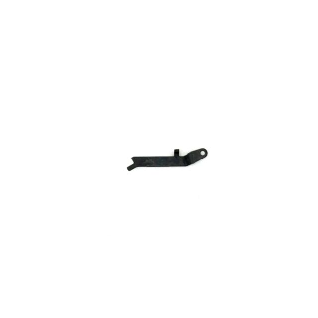 The SLIDE STOP P-10 MICRO is a small, flat, black metal component with an irregular shape, featuring a cutout on one end and a hole on the other, shown isolated on a white background.