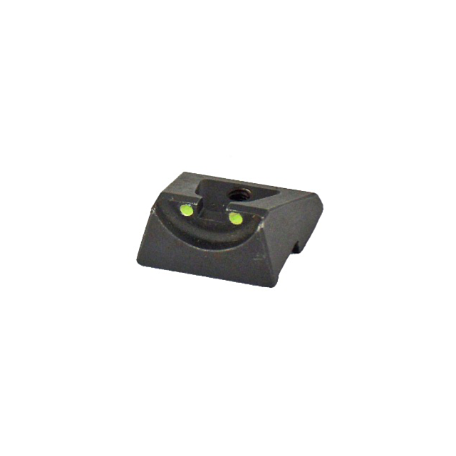 The CZUB REAR SIGHT RAMI, in black, features a unique design with a curved line and two green dots on the rear sight that creates a smiling face appearance.