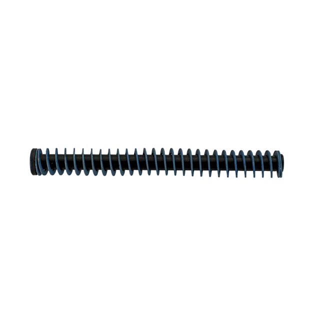 A refined black cylinder adorned with vertical blue stripes, akin to the contemporary design of the RECOIL SPRING SET P-09 9MM CAPTURED, stands solitary on a white backdrop, radiating an aura of specialized mechanical elegance.
