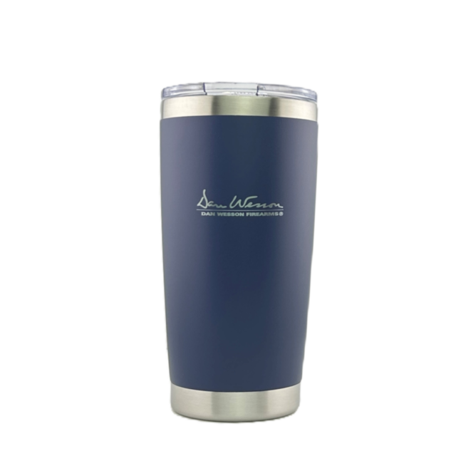 The Dan Wesson Logo Tumbler 20oz BLUE features a stainless steel base and lid, with the white Dan Wesson Firearms logo on the front.