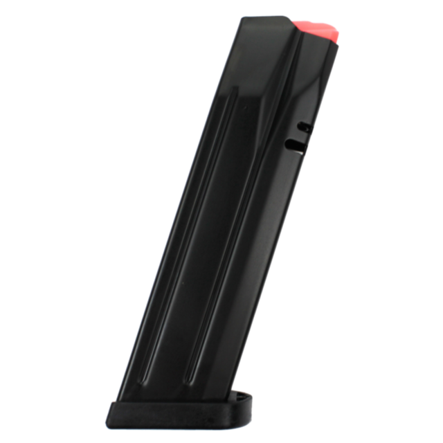 Photograph of a black MAG CZ P-10 F, P-09, DWX Full 9MM 19RD magazine standing upright with a visible pink follower at the top. This 9mm magazine showcases side grooves and a flat base.