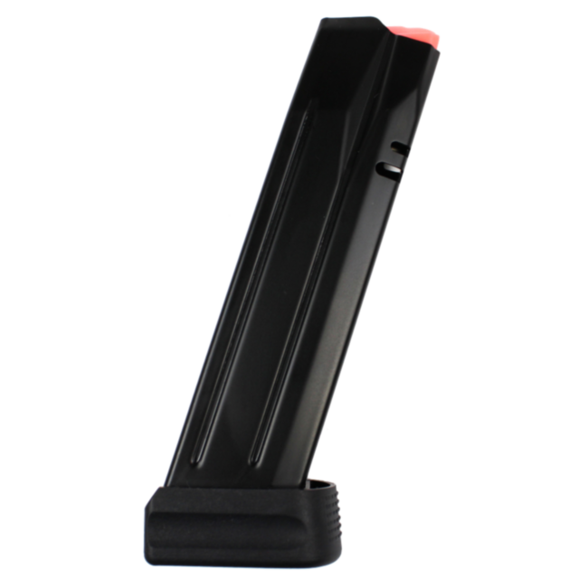 A black magazine for the CZ P-10 F firearm, equipped with a visible pink follower at the top and featuring a 21RD plastic base, compatible with MAG CZ P-10 F, P-09, and DWX Full 9MM models.
