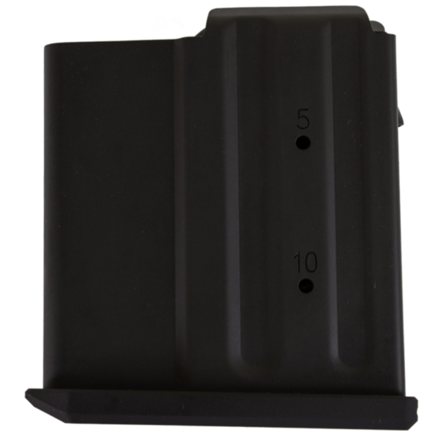 The MAG CZ 557 .243/.308 10 RD is a black ammunition magazine for the CZ 557, compatible with .243/.308 rounds. It features markings indicating bullet capacity at 5 and 10 rounds on the side. The sleek, rectangular design includes smooth edges and visible