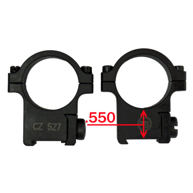 Two black metal rings for CZ 527 rifles are displayed next to each other. The left ring is marked "1\" CZ 527 RINGS, 16MM," with a red arrow and the measurement ".550" highlighting the height from the base to the center of the 1-inch ring.