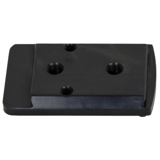 The TRIJICON RMR 550 INTERFACE GLOSS is a black metal mounting plate featuring a gloss finish and three threaded holes, crafted for attaching accessories or components. It is compatible with the Trijicon RMR and has a rectangular shape with flat edges.