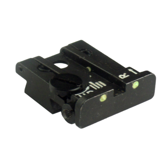 The LPA ADJ REAR SIGHT - KADET/85 COMBAT ONLY is a black mechanical component resembling an LPA rear sight, complete with small notches and two yellowish dots on its surface, isolated on a white background.