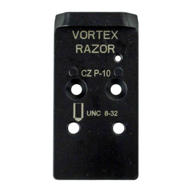 Black metal CZUB OPTIC READY PLATE 2 RTS RAZOR, labeled “Vortex Razor,” “CZUB CZ P-10,” and “UNC 8-32,” features multiple circular holes and rectangular cutouts for flexible mounting options.