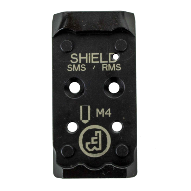 The CZUB OPTIC READY PLATE 6 SHIELD is a black optic plate with four holes, labeled “SHIELD SMS / RMS,” plus “M4” and the CZUB logo—a square with an “E” inside a circle—near the bottom.