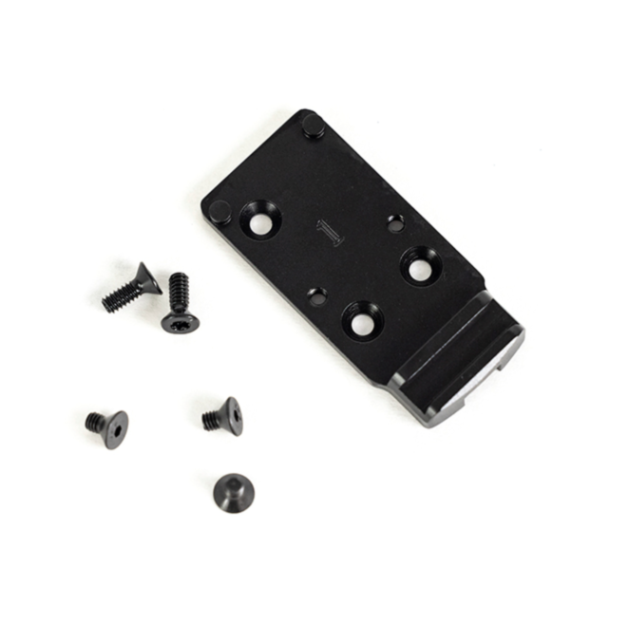 A DW Optic Plate Adapter Plate 1 RMR, SRO in black metal features five circular holes, accompanied by four black screws, all set against a white background.