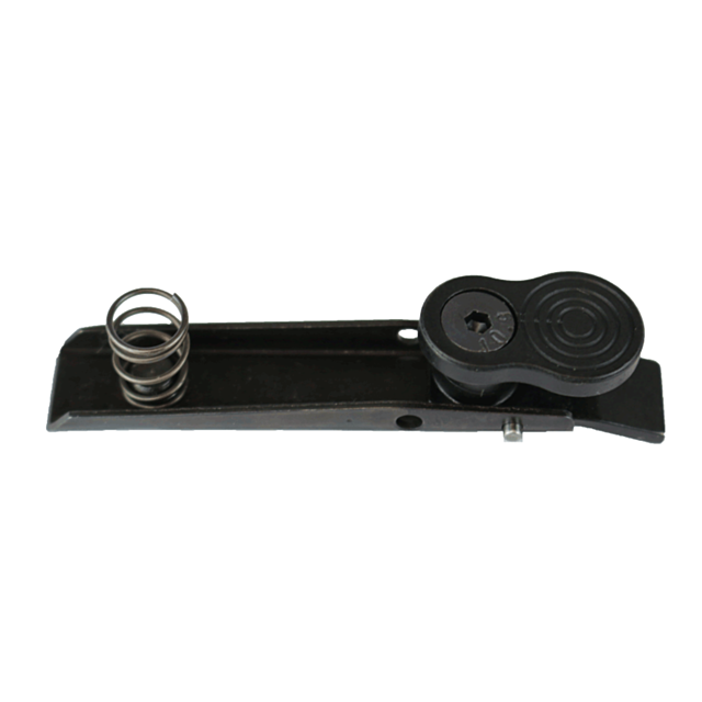 The EXTENDED BOLT RELEASE SEMI AUTO SHOTGUN features a black metal latch mechanism with a coil spring on one end and a circular adjustment knob on the other. This component, commonly used in semi-auto shotguns, includes a sleek rectangular base equipped w