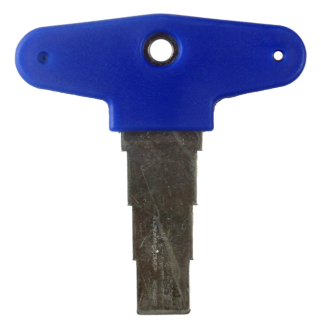 A universal radiator key with a triangular design and blue color, featuring a metal tip similar to the UNIVERSAL CHOKE TUBE WRENCH, is used for bleeding radiators to release trapped air.