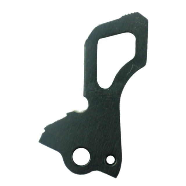 Introducing the COMPETITION HAMMER SA ONLY, a versatile black metal tool designed with a rectangular cutout and jagged edges. It features two circular holes at the bottom and showcases a brushed texture on its surface, making it ideal for diverse applicat