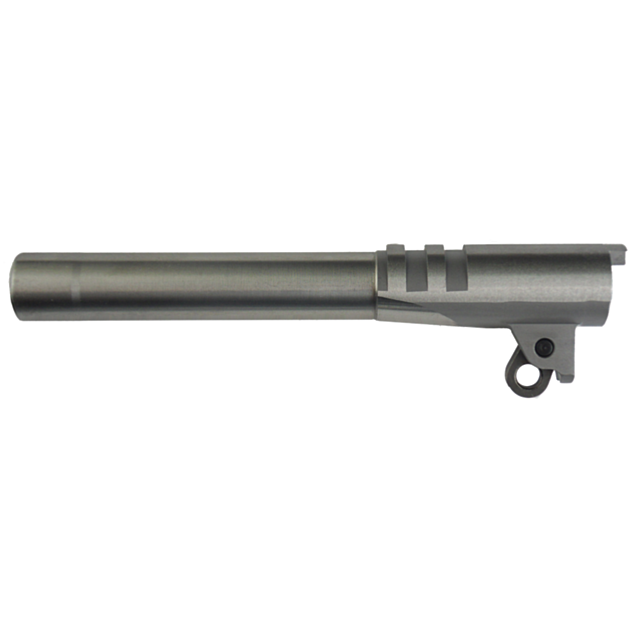 A 5" DW MATCH GRADE steel gun barrel with ports for compensating recoil, featuring a cylindrical design and a small attachment component at the rear end, crafted specifically for .40S&W firearms.