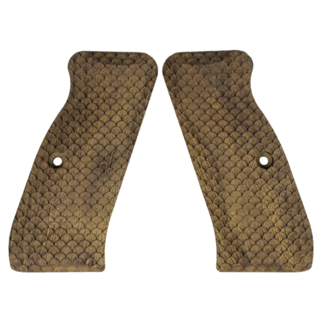 The WALNUT GRIPS CZ 75 FISH SCALE PATTERN consists of two brown grips, each with a fish scale pattern and a centrally located hole, designed for the CZ 75. They are arranged symmetrically facing one another.