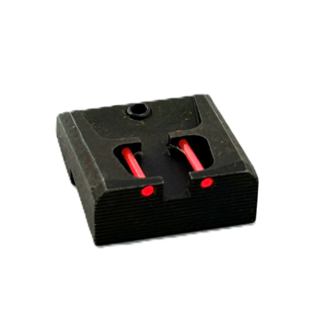 The REAR FIBER OPTIC SIGHT SHADOW is a black metal rear sight with two red fiber optic dots for improved aiming, shown close-up against a plain white background with a subtle shadow.