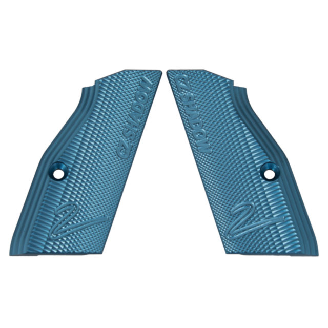 The ALUMINUM GRIPS SHORT SHADOW 2 BLUE are designed specifically for firearms, offering a diamond-patterned surface for improved grip and a pre-drilled hole for simple attachment. These blue aluminum grips align symmetrically, providing both visual appeal
