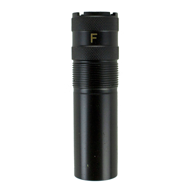 A full black cylindrical flashlight with textured grips and a prominent "F" on the top ring stands upright against a white background, reminiscent of the sleek design of a CHOKE TUBE 612 REAPER SWAMP MAGNUM accessory.