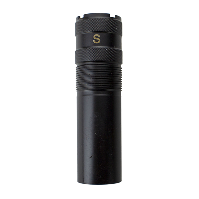 This CHOKE TUBE 612 REAPER SWAMP MAGNUM SKEET BLACK features a black cylindrical metal design, with a textured grip on the top half and a smooth finish on the bottom half, highlighted by an engraved letter "S" on the top section.