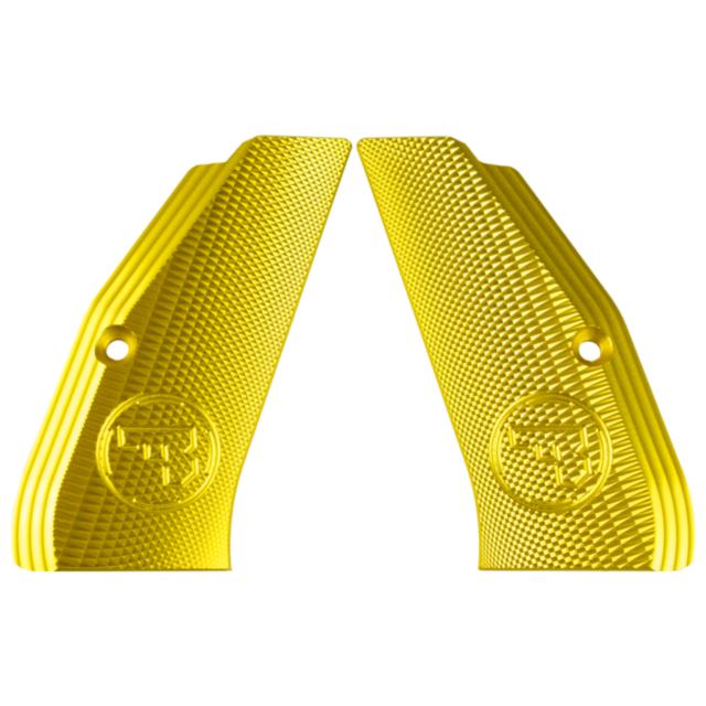 The product is a pair of full-size, golden-yellow aluminum grips with a symmetrical, textured design. Each grip features diamond-shaped surface patterns that create a reflective effect, along with circular logos positioned near the bottom and two small ho