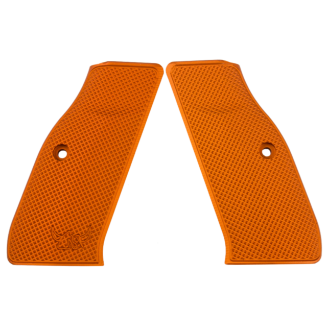 A pair of HENNING ORANGE ALUMINUM GRIP FULL CHECKERED handles, showcasing a rhombus pattern adorned with small circular holes for attachment. Each handle tapers at the top and is embossed with a stylized animal logo.