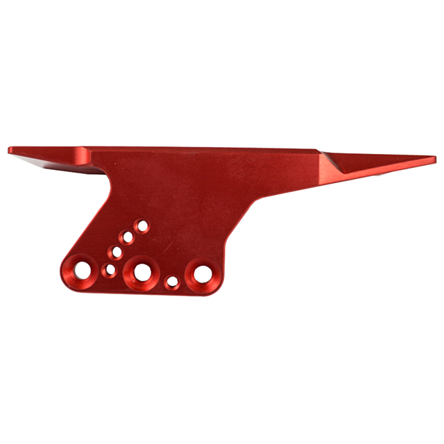 The CZECHMATE SCOPE MOUNT RED is a red metallic bracket with multiple holes of varying sizes, designed for mechanical or structural support. It features a smooth finish and has angled and flat edges, making it ideal for use as a scope mount.