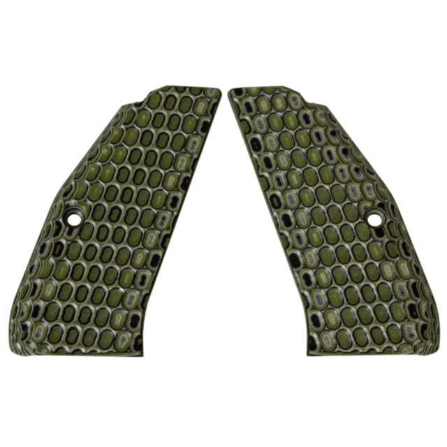 A pair of textured honeycomb-patterned panels in green and black, each with holes, form the CZ-USA 97 Grips. These mirror image pieces create a symmetrical design echoing the craftsmanship typical of CZ-USA.